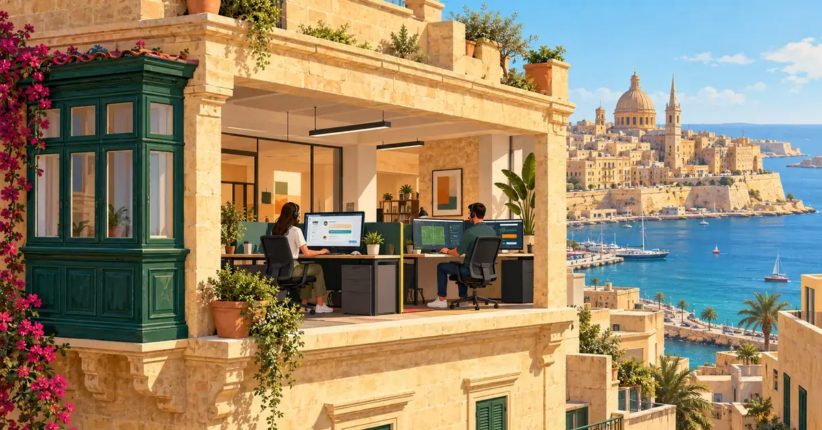 Illustrasjon av ansatte med hodesett i et moderne kontor i en kalksteinsbygning på Malta, med utsikt over havnen og Middelhavet.