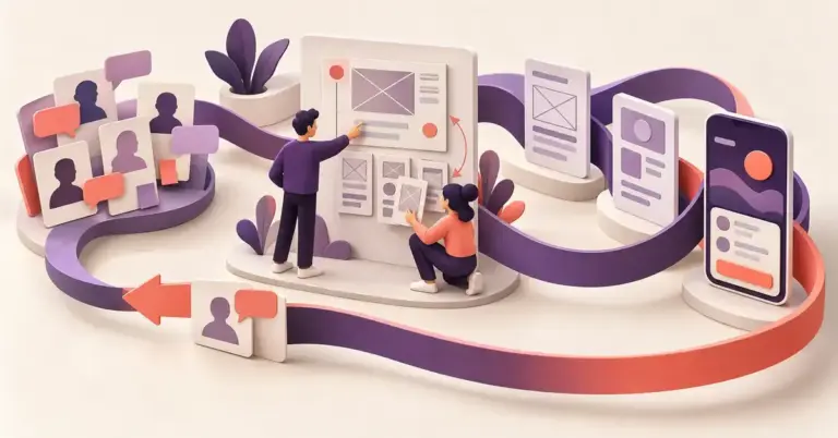 Illustrasjon av to UX-designere som samarbeider om brukerinnsikt, skisser og prototyper, med en sammenhengende sløyfe mellom brukerne og en ferdig mobilapp.