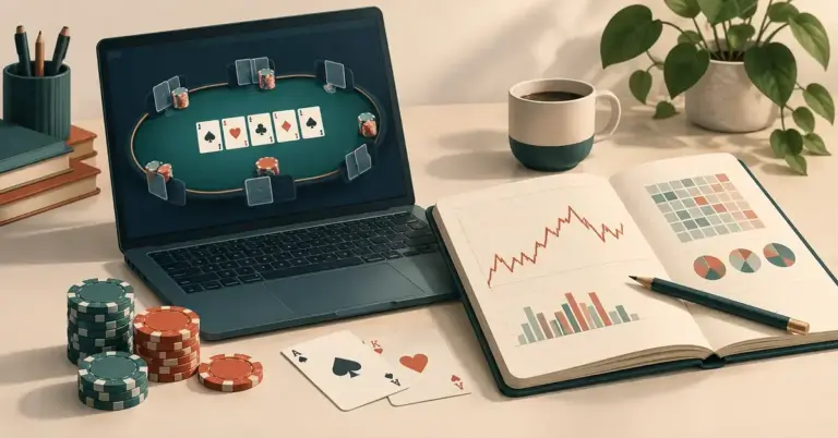 Illustrasjon av en bærbar datamaskin med nettpoker, pokerbrikker og en åpen notatbok med grafer for analyse av spillets resultater og svingninger.
